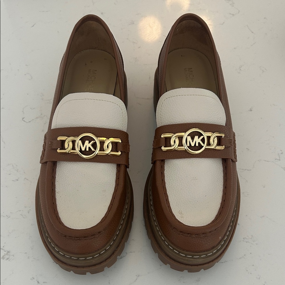 Michael Kors Tan and White Loafers with Gold Logo